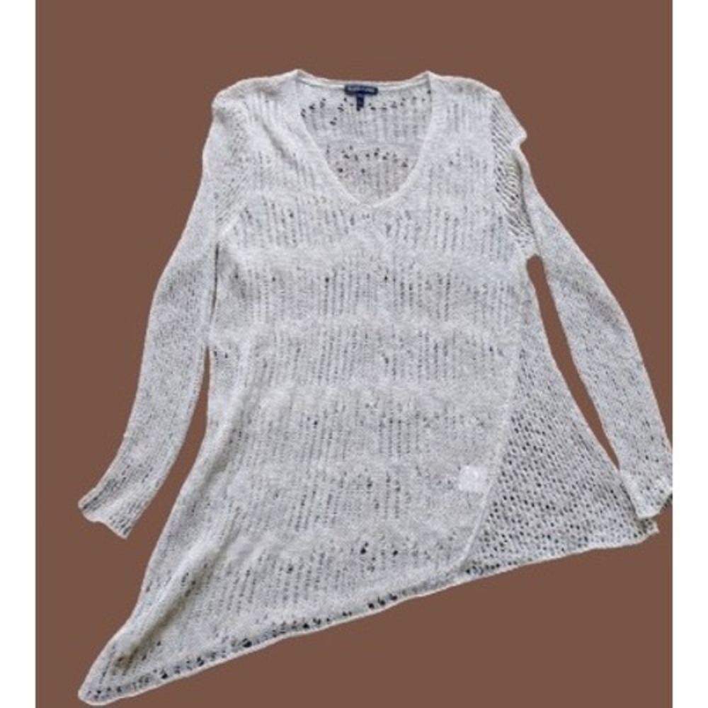 NEW COND.Eileen Fisher V Neck Sweater Size L. Tan  crochet Knit   linen blend